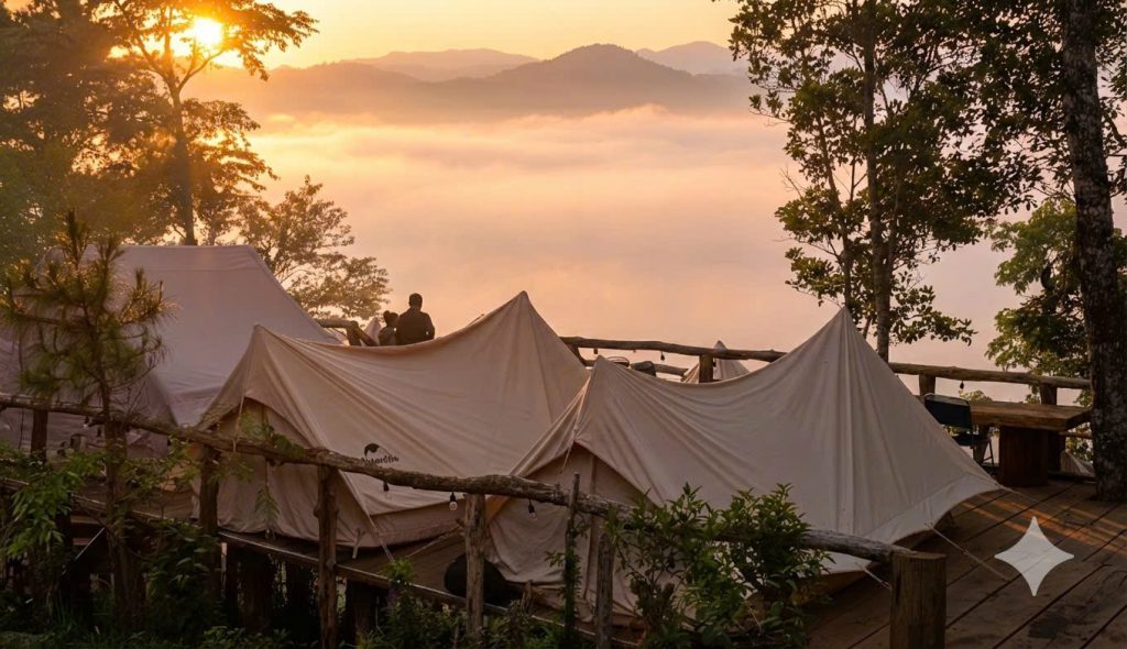 lều camping nature hike chuyên dụng của măng đen discovery tại khu cắm trại tại kon tu ma với view cực chill đồi núi xa xa, rừng cây xung quanh, phía dưới là thung lũng ruộng bậc thang có thể săn mây sáng sớm và đón hoàng hôn