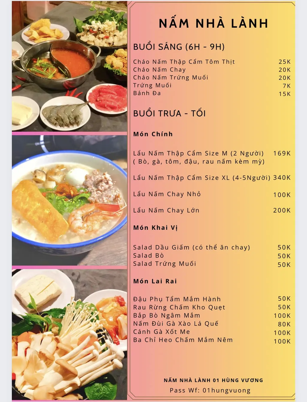 Menu Nấm Nh&agrave; L&agrave;nh Măng Đen với gi&aacute; ch&aacute;o nấm, lẩu nấm, salad v&agrave; c&aacute;c m&oacute;n ăn k&egrave;m chay mặn
