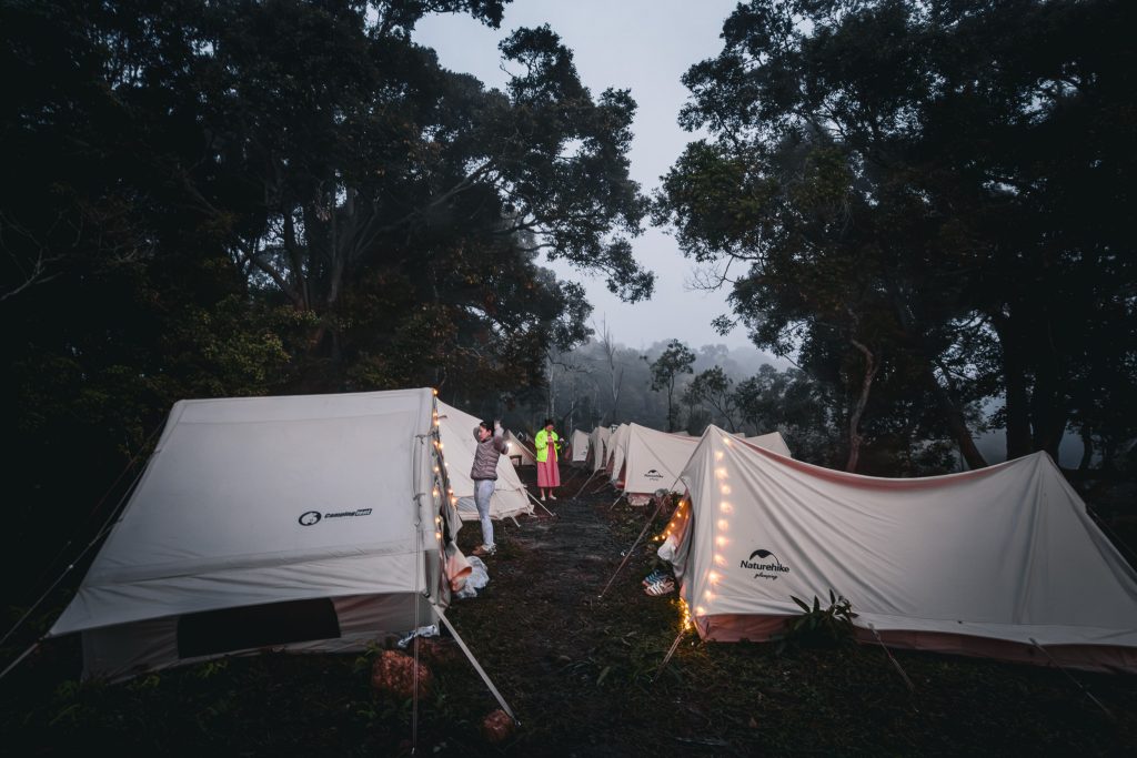 khu lều camping Măng Đen giữa rừng khi trời tối và có ánh đèn
