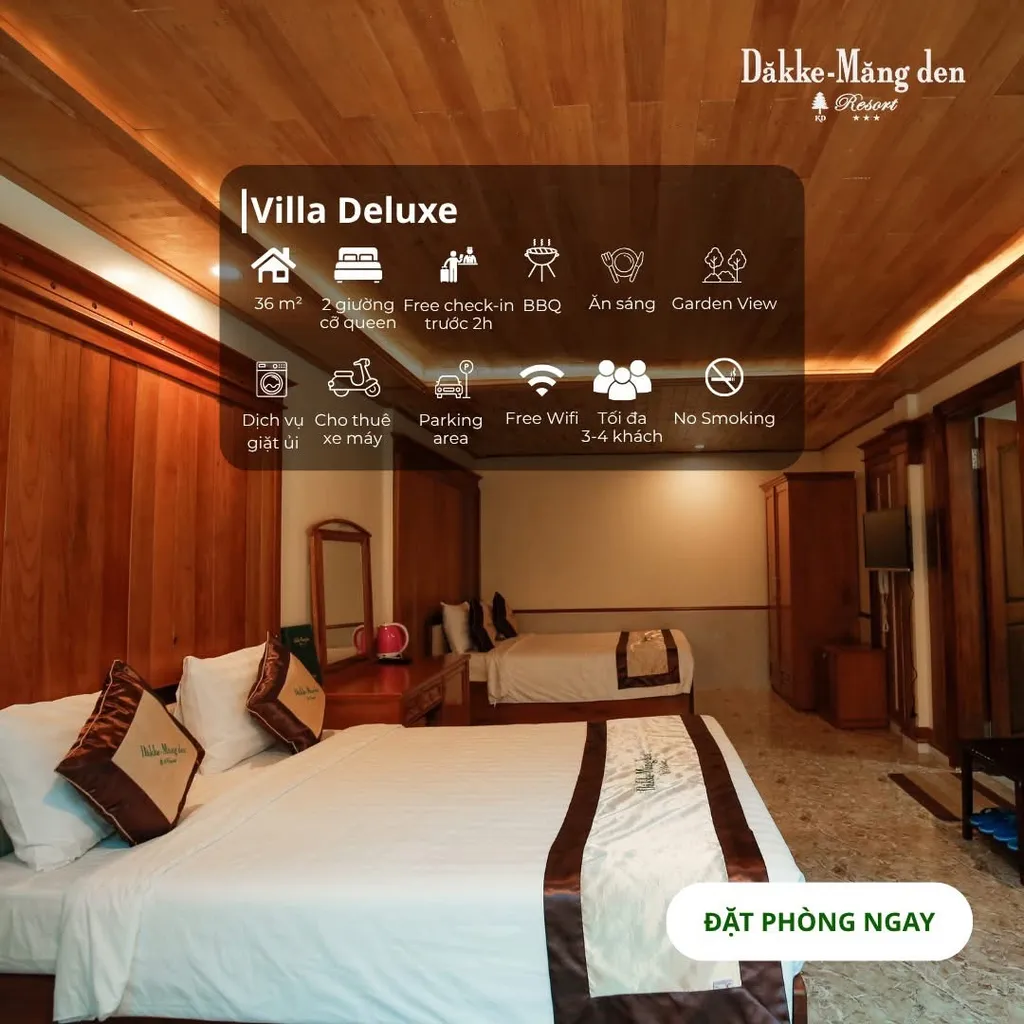 Villa Deluxe tại Dakke Mang Den Resort với phòng gỗ rộng, hai giường và tiện ích BBQ cho nhóm gia đình ở resort Măng Đen