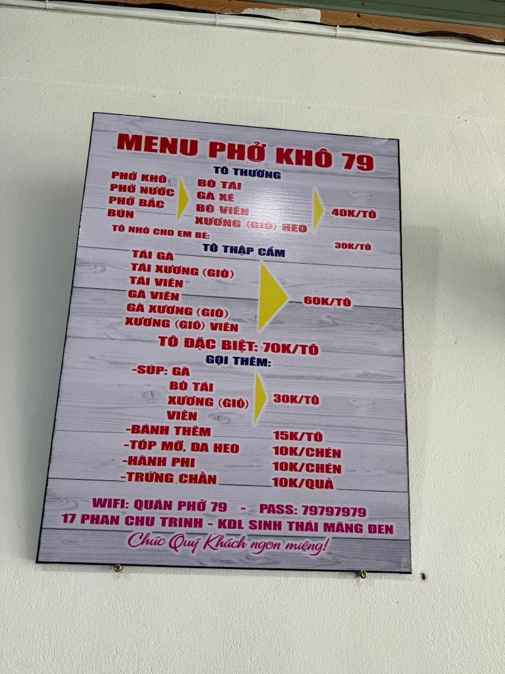 Menu Phở Kh&ocirc; 79 Măng Đen với gi&aacute; t&ocirc; thường, t&ocirc; thập cẩm, t&ocirc; đặc biệt v&agrave; m&oacute;n gọi th&ecirc;m